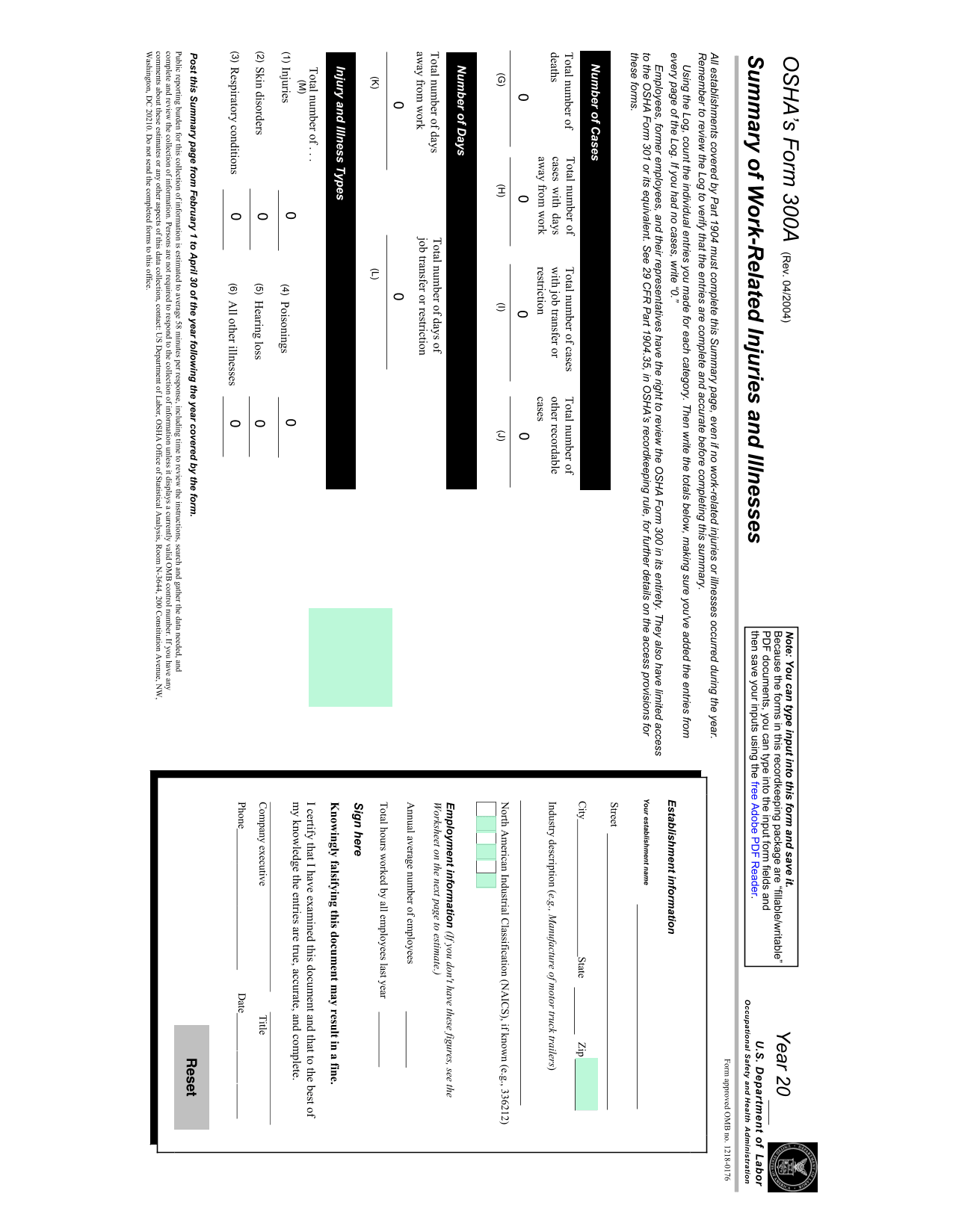 Work Related Injuries Illnesses Summary (OSHA Form 300A) screenshot