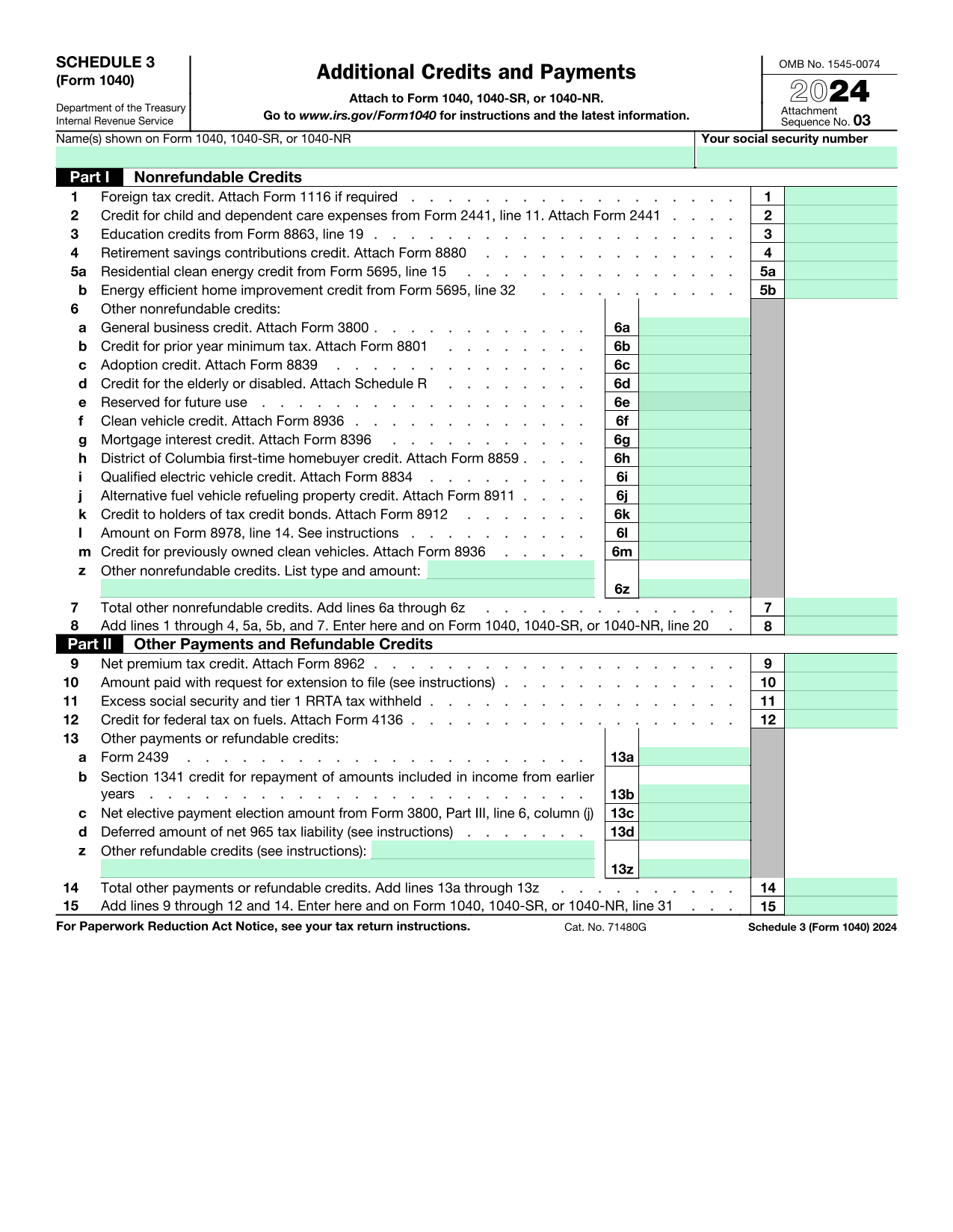 Additional Credits And Payments (Schedule 3, Form 1040) screenshot