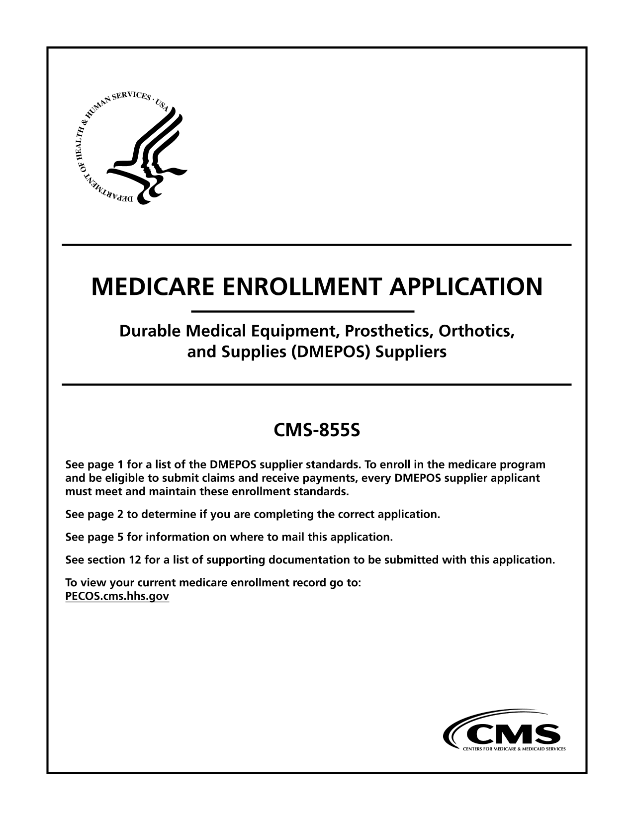 Medicare DMEPOS Supplier Enrollment Application (CMS 855S) screenshot