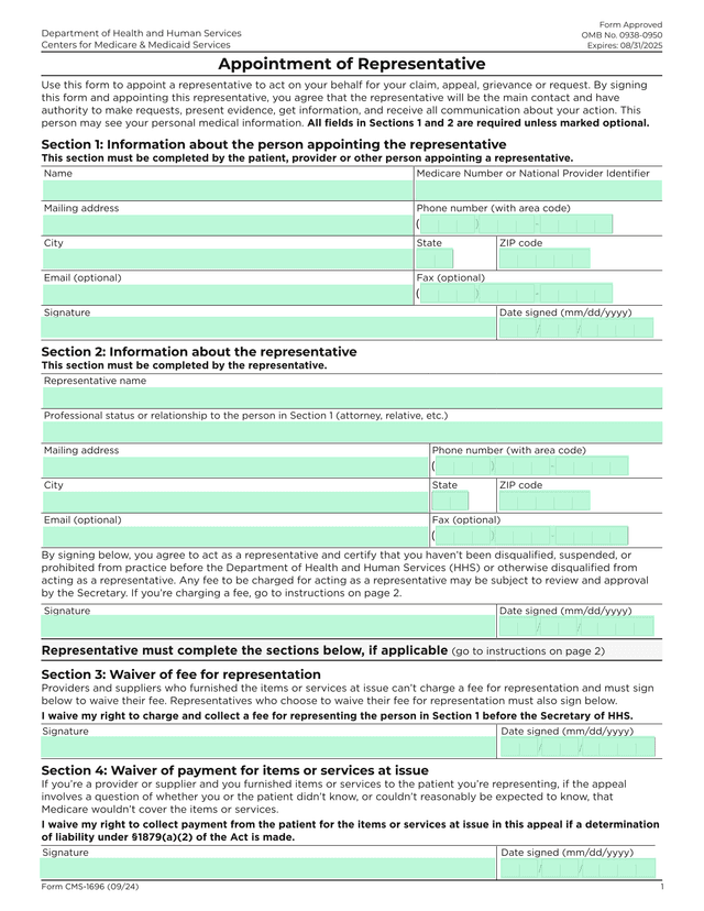 Appointment Of Representative (CMS 1696) screenshot